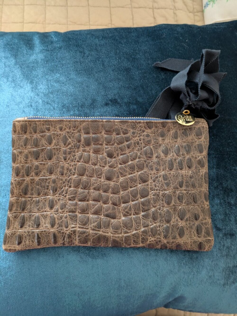 Clare Vivier (Clare V) Flat-Zip Pouch/Clutch w/ Brown Croc-Embossed leather.